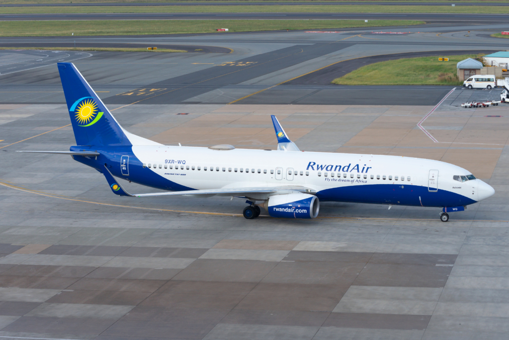 RwandAir Boeing 737 plane at Johannesburg airport. Boeing 737-800 registered as 9XR-WQ operating flights from RwandAir.