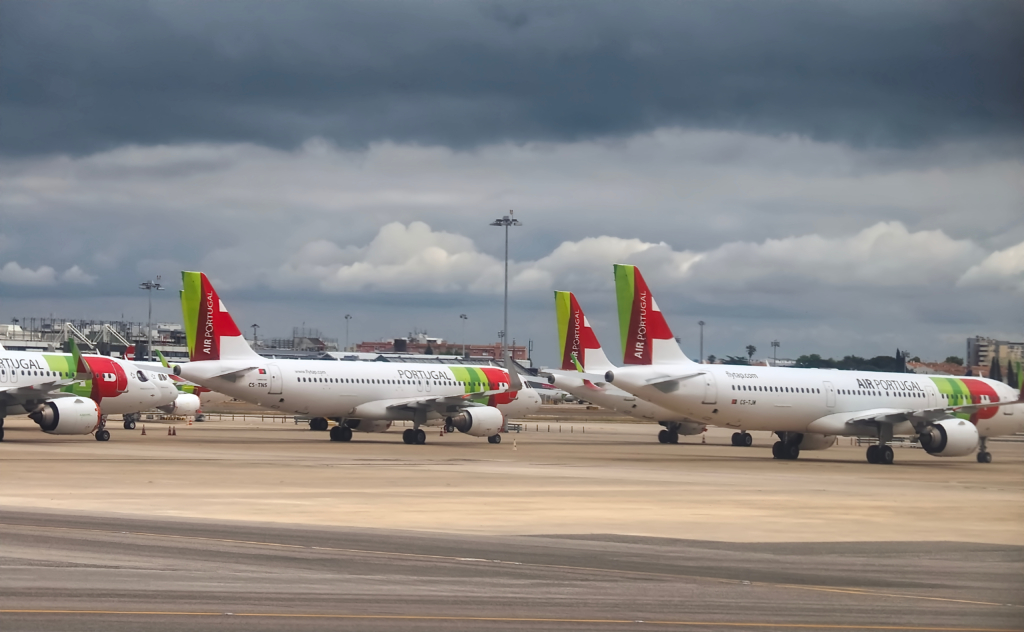 Close to TAP Air Portugal airplanes at an airport