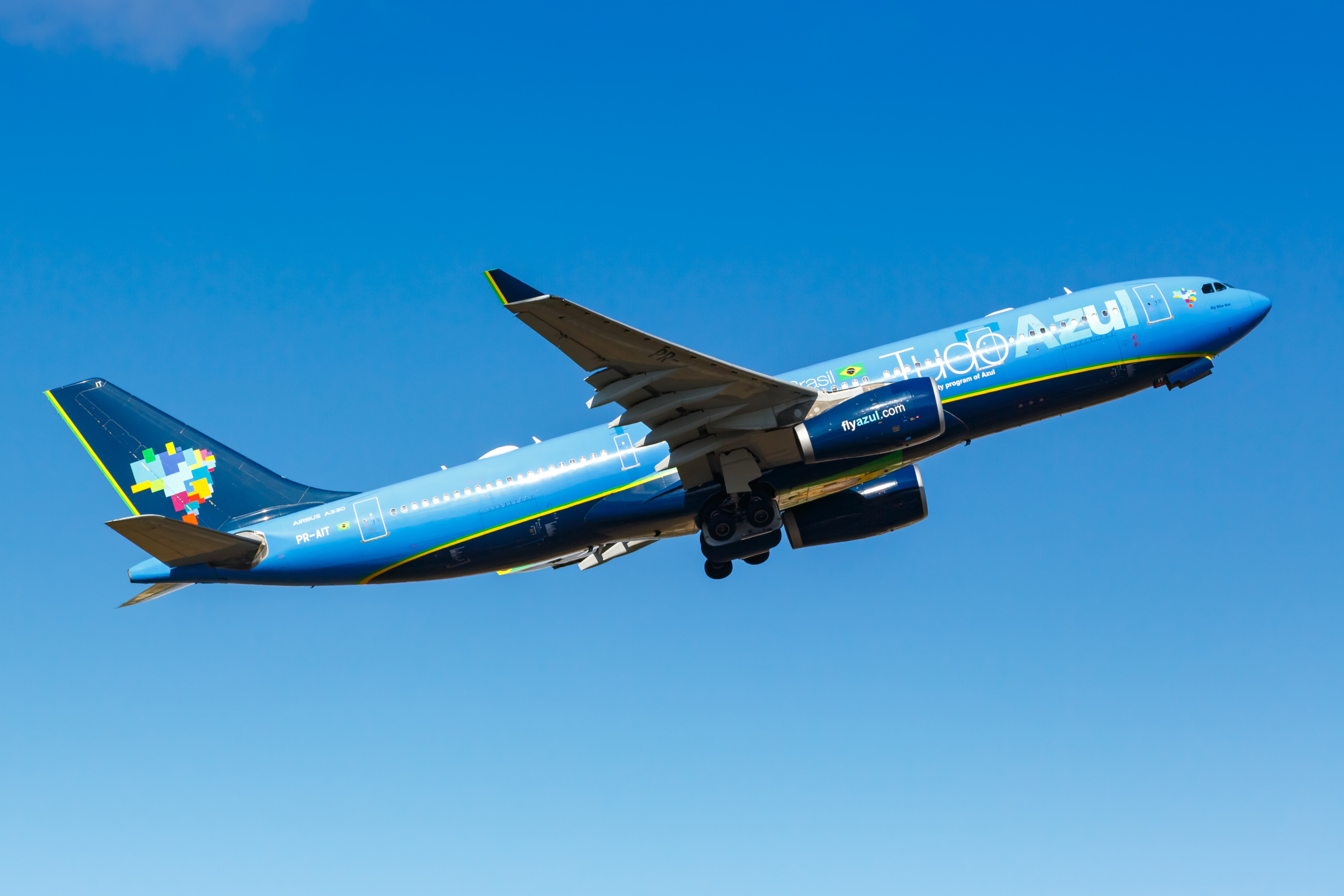 Azul Airbus A330-200 airplane in the Tudo Azul special livery at Lisbon airport (LIS) in Portugal.