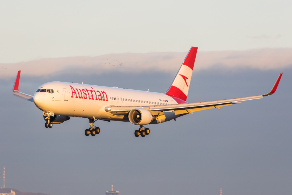 A Boeing 767 long haul aircraft of austrian airline AUA landing at its homebase Vienna