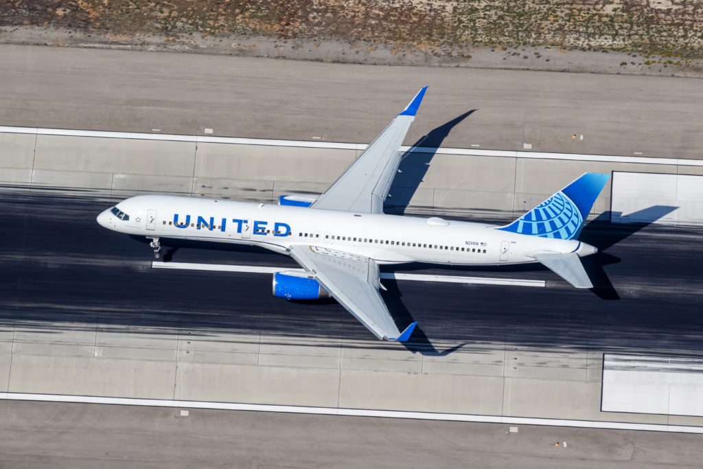 Los Angeles, United States - November 4, 2022: United Airlines Boeing 757-200 airplane at Los Angeles Airport (LAX) aerial view in the United States.