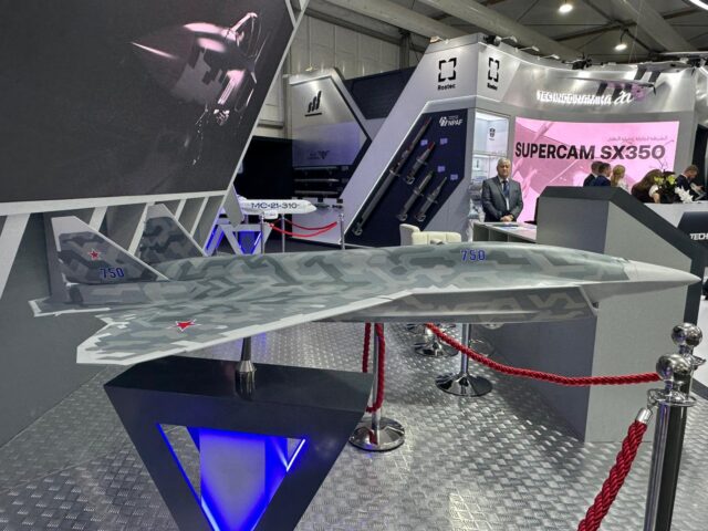 Autonomous Sukhoi Light Tactical Aircraft Su-75 Checkmate Mockup in Dubai Airshow