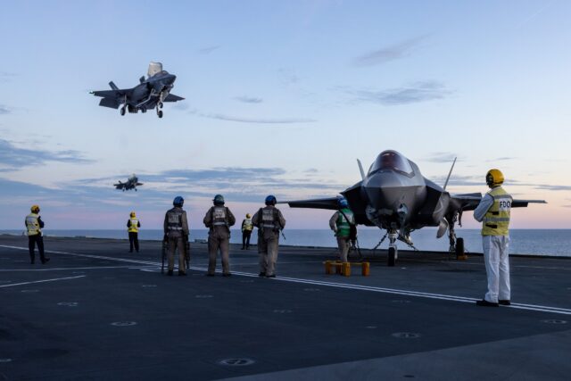 F-35B fighter jets landing on Prince Of Wales