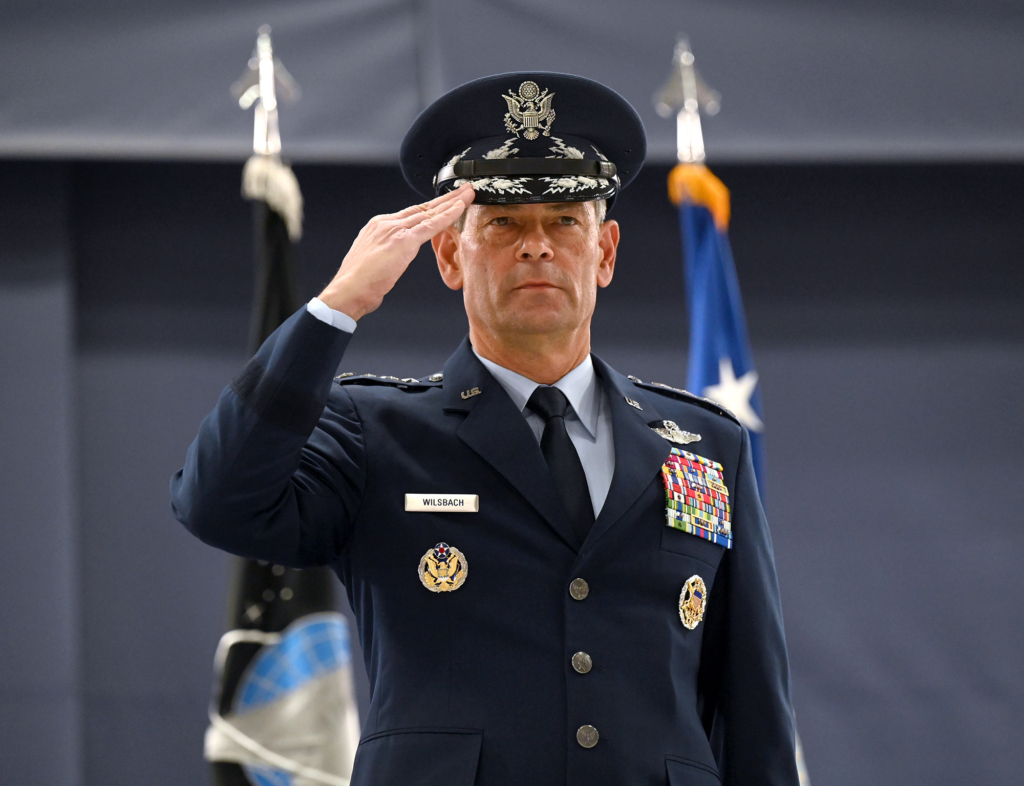 Air Force Gen. Ken Wilsbach renders a salute during his assumption of responsibility ceremony at Joint Base Andrews, Md. Nov. 18, 2025. During the ceremony, Wilsbach was sworn in as the 24th Chief of Staff of the Air Force. (U.S. Air Force photo by Andy Morataya)