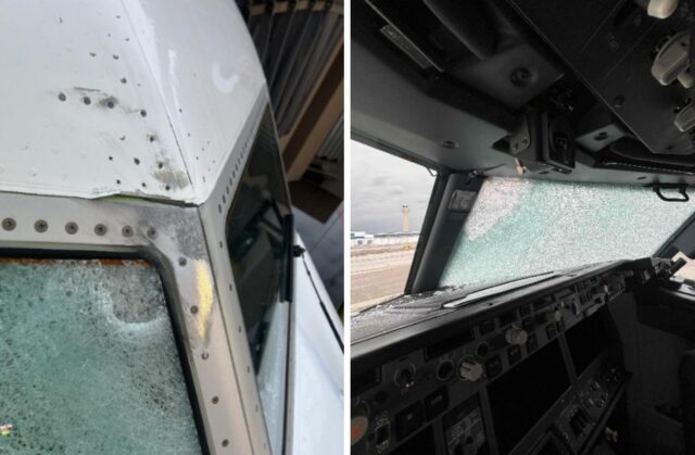 Photos of the first officer’s forward windshield. (Source: United Airlines)