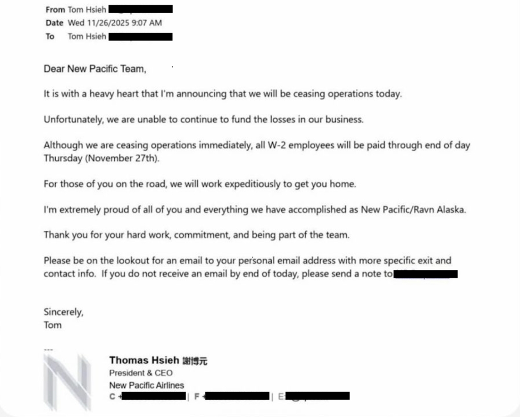 Tom Hseih letter to New Pacific Airlines workers informing of closure