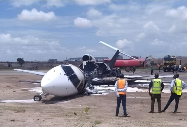 AirJet Angola flight MBC100, an Embraer ERJ-145LR, after its runway excursion