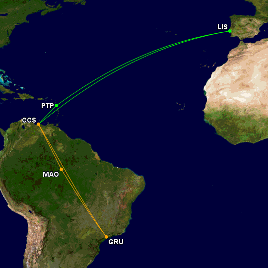 Map showing TAP Air Portugal and Gol's technical changes to Caracas.