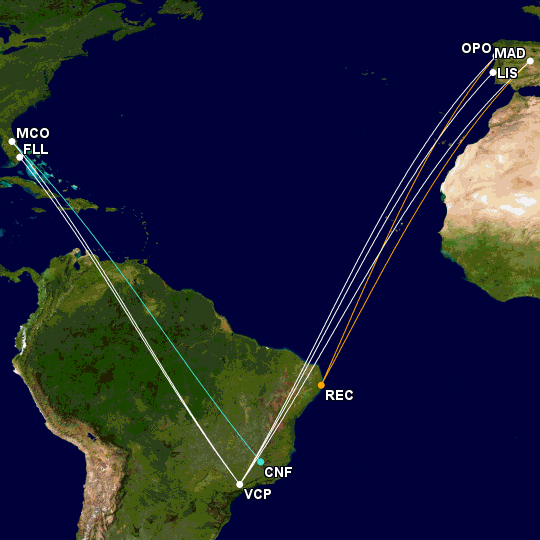 Map of Azul's long-haul routes in Summer 2026. 