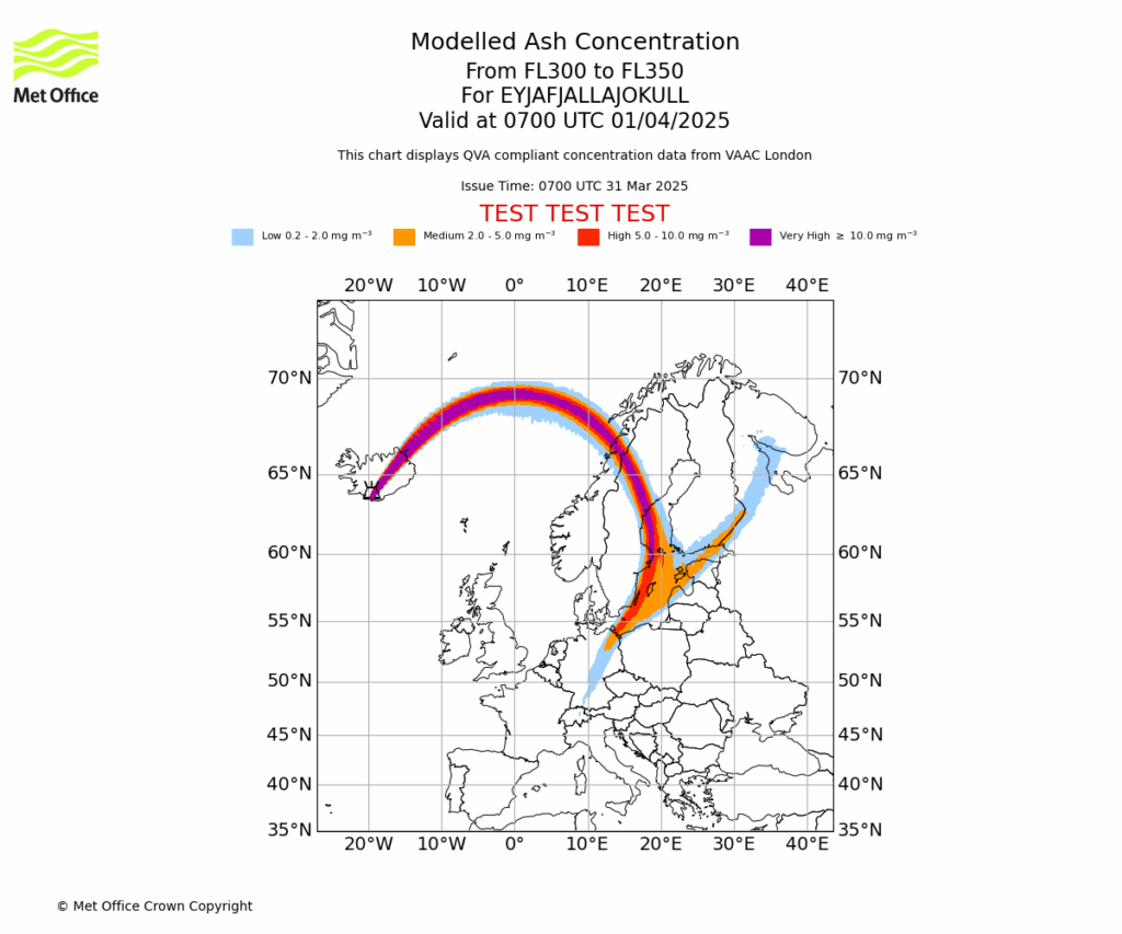 QVA Concentration Forecast (above): The image above shows how QVA forecast data can be displayed. In this example (it is not for a real eruption) the forecast ash for airspace between Flight Level (FL) 300 and FL350 (approximately 30,000 to 35,000ft) is shown for a single forecast timestep. The colours differentiate between ash of low, medium, high and very high concentrations. Forecasts are provided at 3-hourly intervals out to 24-hours.