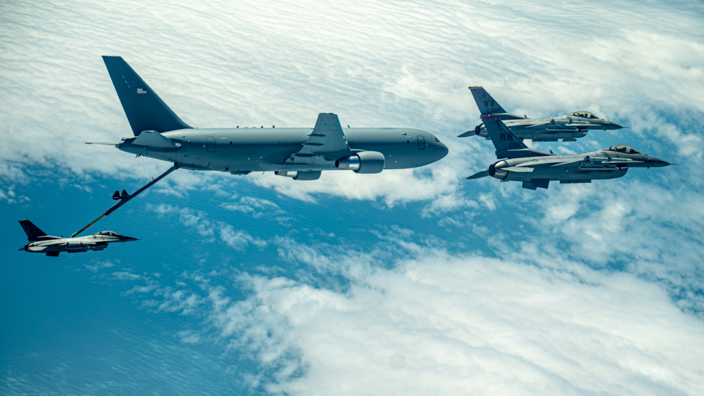 A KC-46A Pegasus from Travis AFB's 60th AMW refuels an F-16C from the USAF's Misawa-based 14th Fighter Squadron over the Pacific Ocean on June 5, 2025. While the KC-46A has suffered issues with its current RVS setup, the upgraded RVS 2.0 system will fix those deficiencies and reduce risk to receiving aircraft once it is finally introduced