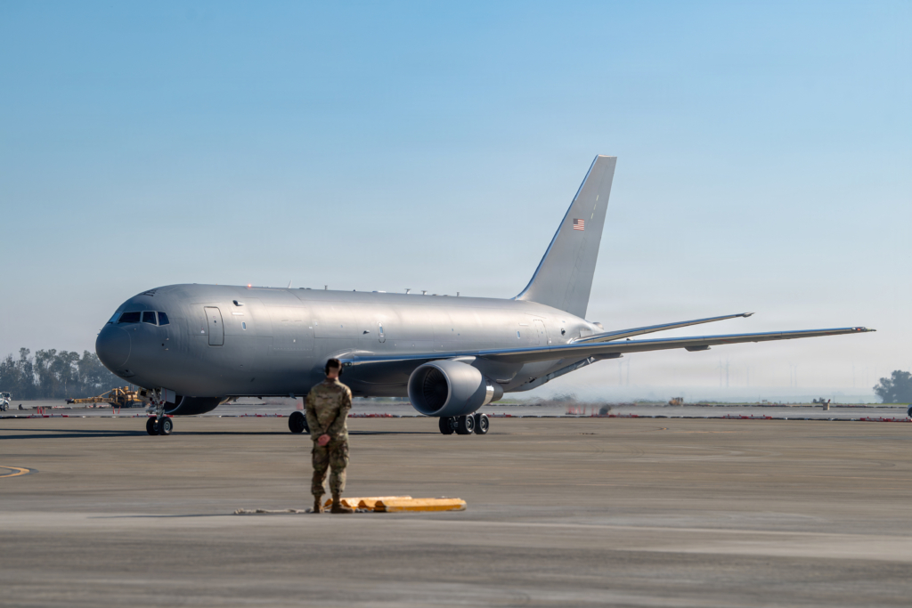 A KC-46A Pegasus taxis along the flightline at Travis AFB, California, during the arrival ceremony for the USAF's 100th Pegasus tanker on December 2, 2025