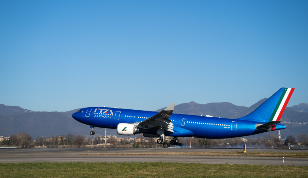 ITA Airways Airbus A330-200 aircraft landing in Milan.