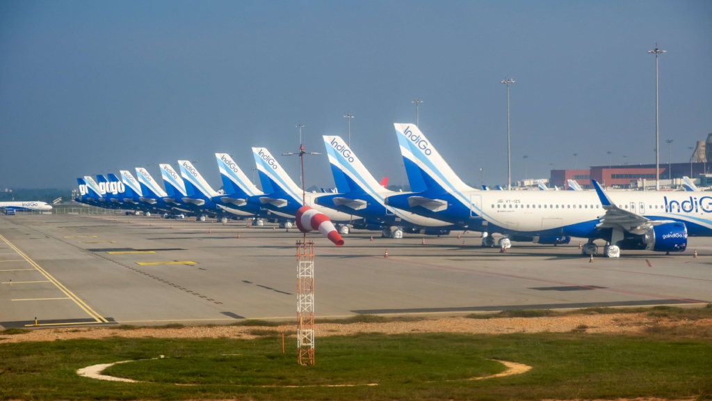 Indigo flights in a row at Bangalore airport terminal 2, Bengaluru. Indigo is a top International airline in India