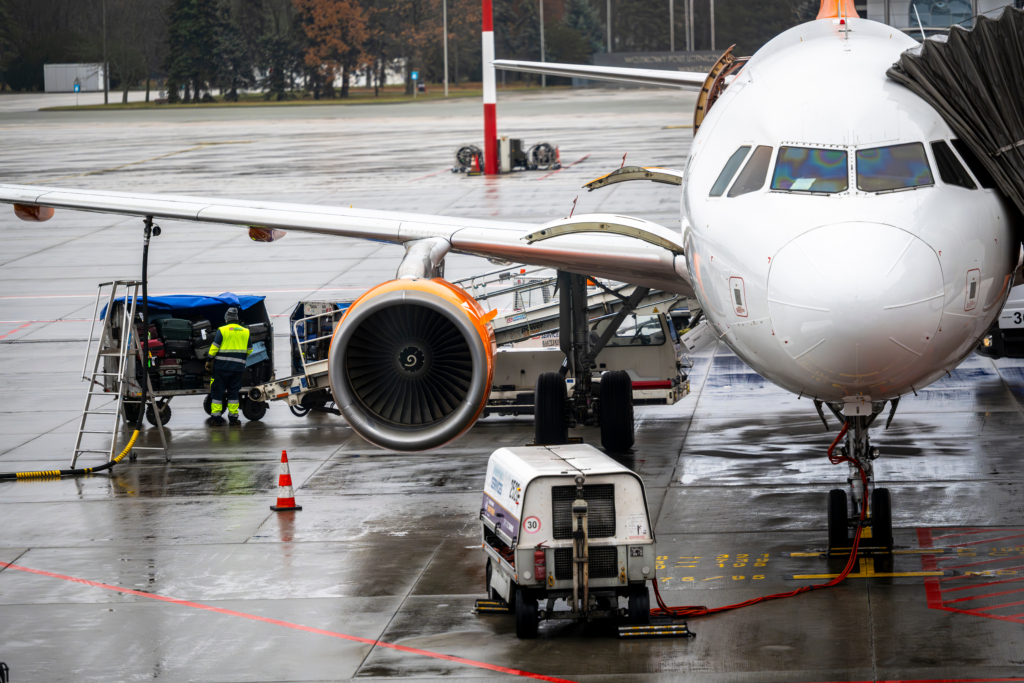Warsaw, Poland - November 09,2025: Close-up of Airbus A320/A321 Aircraft Being Refueled by a Fuel Tanker Truck on the Tarmac at Warsaw Chopin Airport (WAW)