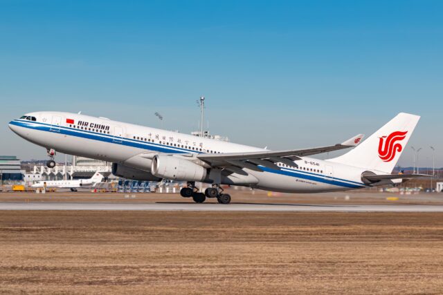 Munich, Germany - February 17, 2019: Air China Airbus A330 airplane at Munich airport (MUC) in Germany. Airbus is an aircraft manufacturer from Toulouse, France.