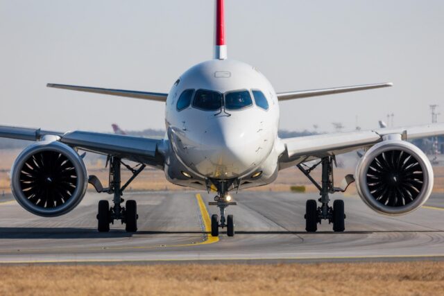 Airbus A220 head on ground shot