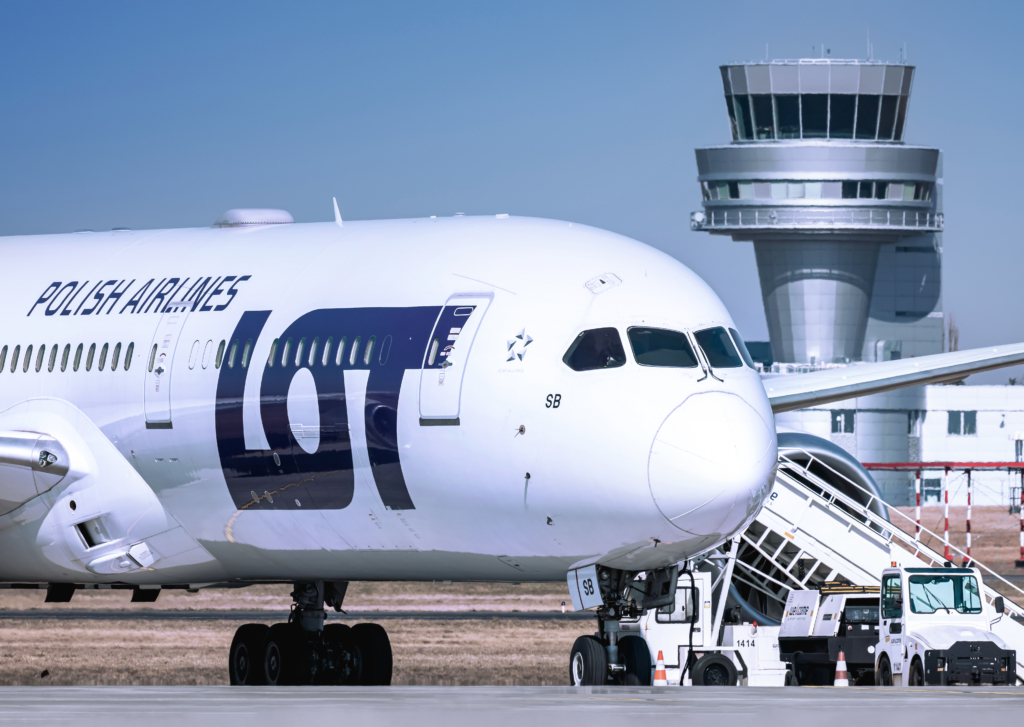 LOT POlish Airlines Boeing 787 aircraft parked at the gate,
