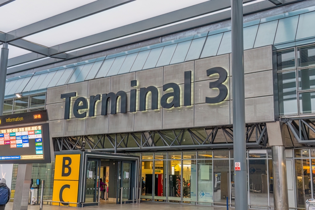 HEATHROW AIRPORT, LONDON, 9TH MARCH 2023: Entrance to terminal 3 at London Heathrow