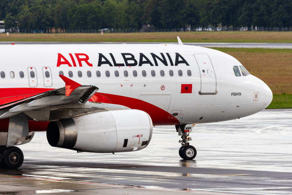 Graz, Austria - May 31, 2024: Air Albania company logo on the fuselage of an Airbus A320