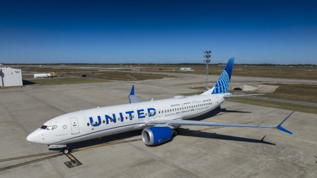 The 2025 Boeing ecoDemonstrator Explorer, a United Airlines 737-8, sits outside a United hangar in Houston before
