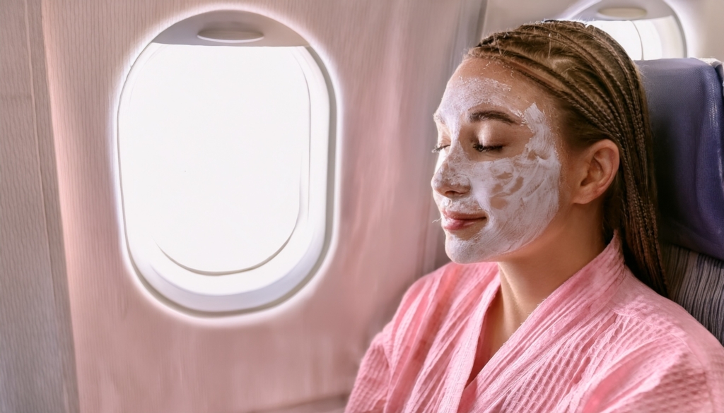 Passenger wearing beauty treatment face mask on plane.