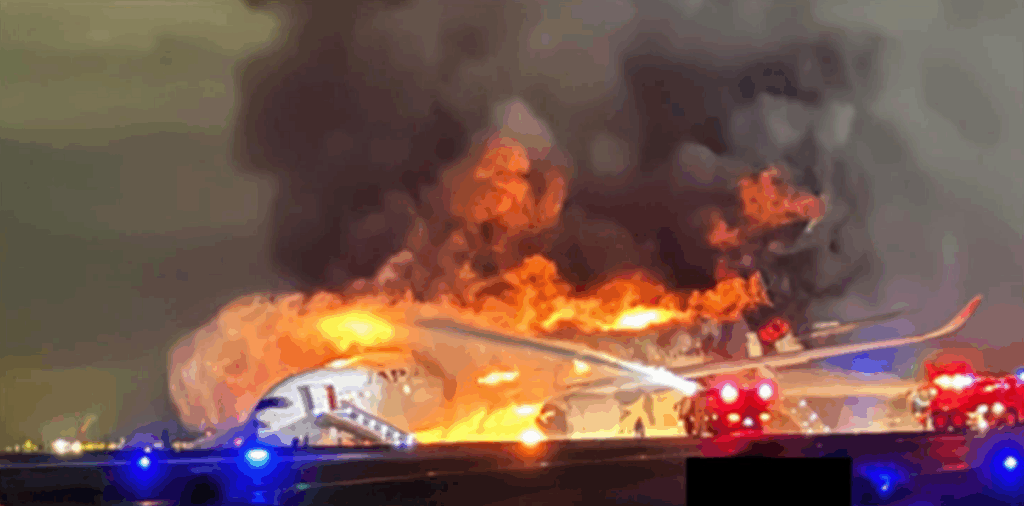 Japan Airlines A350 fire in the aftermath of crash