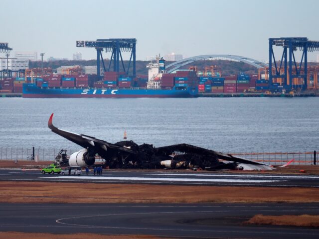 The wreckage of the Japan Airlines Airbus A350 after the Haneda Airport collision