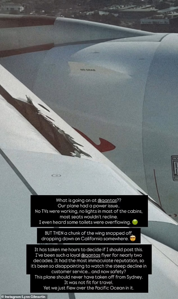Screenshot of Lynn Gilmartin Instagram post on Qantas A380 failure.