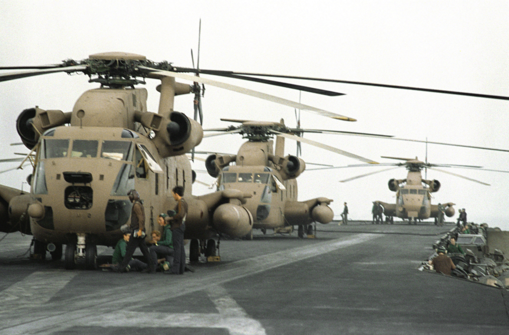 Navy RH-53D Sea Stallion helicopters, aboard the aircraft carrier USS Nimitz in the Arabian Sea, used in the Iran hostage rescue