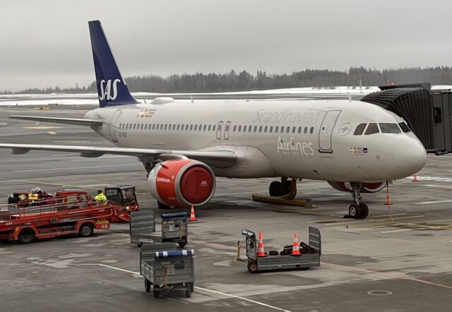SAS Scandinavian Airlines Airbus A320neo on the tarmac in winter in Oslo, Norway