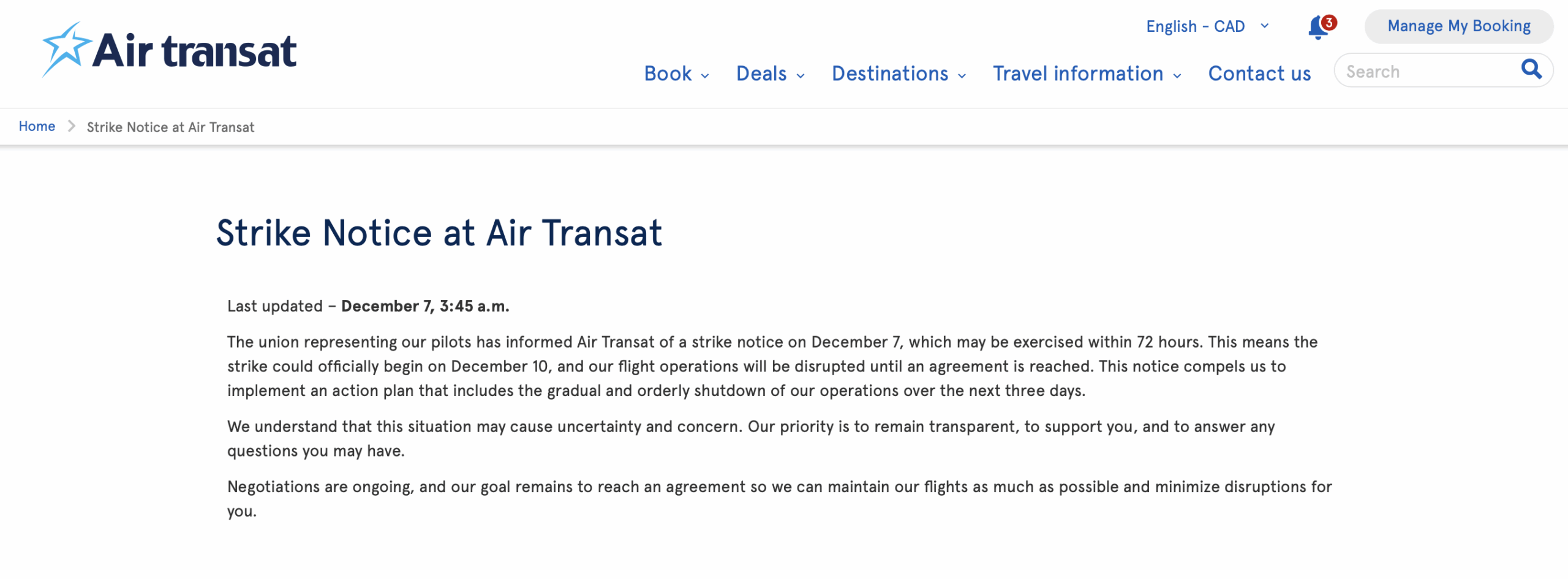 Air Transat strike notice