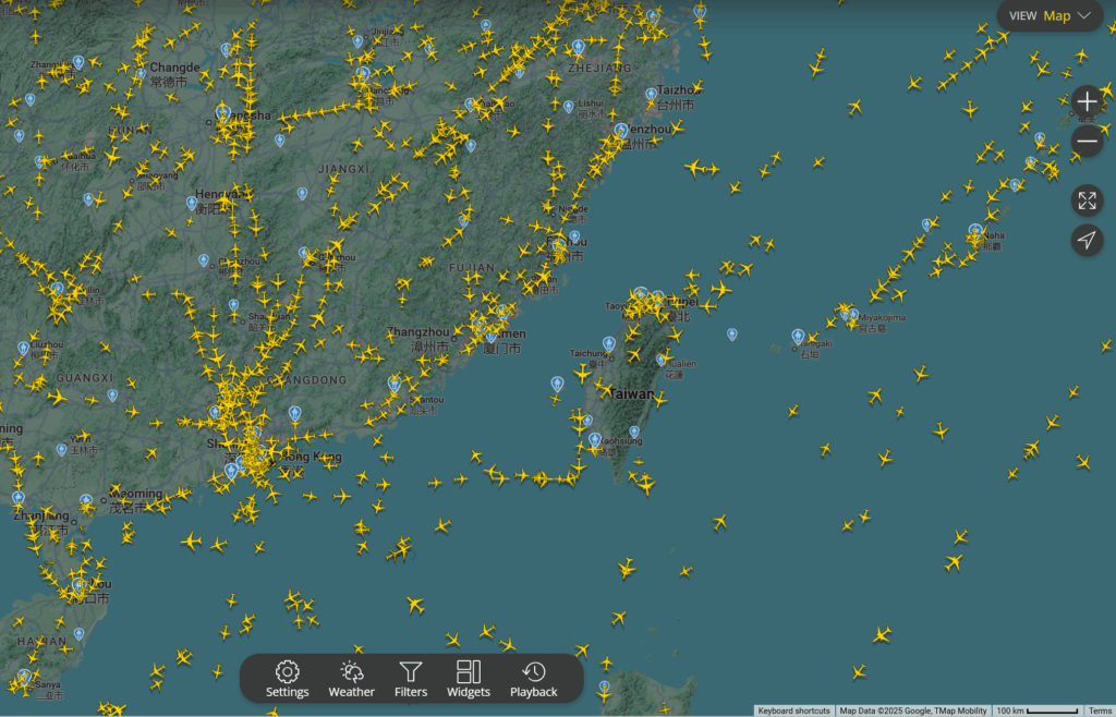 Screenshot of flights over Taiwan morning 30th Dec