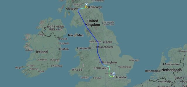 The Royal Air Force flight carrying Queen Elizabeth II’s coffin from Edinburgh to RAF Northolt