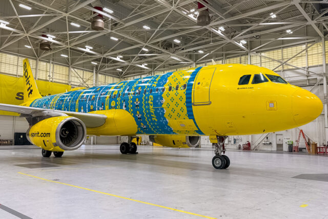 Spirit aircraft N628NK with a new limited-time holiday livery