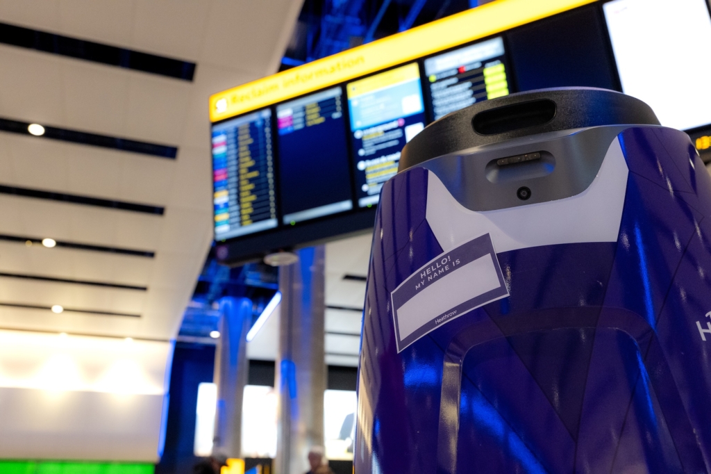 Heathrow Airport cleaning robot awaits a name for its name tag.