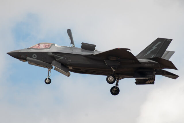 An F-35B from the UK Lightning Force enters the hover during a demonstration performed at RAF Fairford, Gloucestershire, during the Royal International Air Tattoo 2025. Image: Khalem Chapman