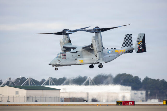 An MV-22B Osprey from VMM-264 'Black Knights' takes off from MCAS New River on 6 January to conduct the USMC tiltrotor unit's first operational flight since it was formally reactivated on 11 December 2025. Image: USMC/Lance Cpl Jacsive Betancourt Nava