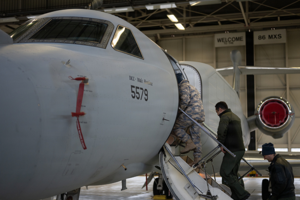Airmen from the Turkish Air Force board a USAF-operated EA-37B for a tour of the aircraft and its capabilities during the type's first visit to Ramstein AB, Germany, on 26 January 2026. Image: USAF/Senior Airman Edgar Grimaldo