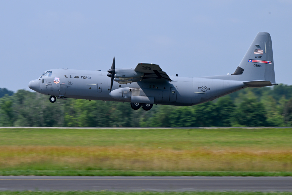 A USAF-operated C-130J-30 Super Hercules takes off from Youngstown Air Reserve Station (ARS), Ohio, on 10 July 2025. Image: USAF/Eric M White
