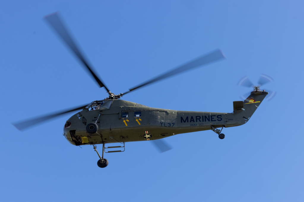 A UH-34 Choctaw assault helicopter flies during the Ugly Angels Vietnam reunion in Inola, Oklahoma, on 7 October 2023. The 'Black Knights' initially operated a similar version of the type from 1959 to 1968. Image: USMC/Lance Cpl Jennifer Sanchez