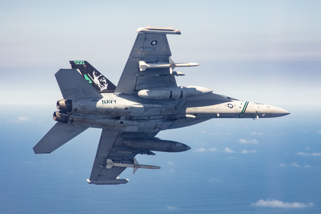 A US Navy-operated EA-18G Growler is seen equipped with two AGM-88 HARM anti-radiation missiles, which are used by the EA jet to destroy enemy radar and air defence systems during SEAD/DEAD operations. Image: US Navy/Cmdr Cameron Dekker