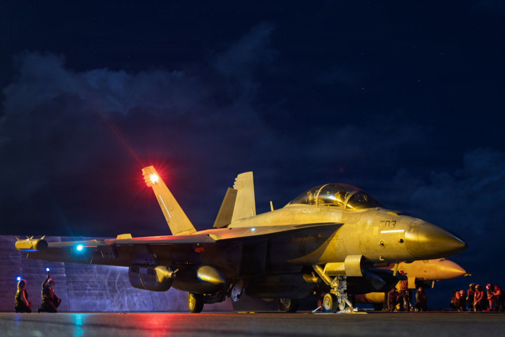 An EA-18G Growler assigned to the US Navy's VAQ-142 'Gray Wolves' prepares to launch for a mission over the Caribbean Sea from the USS Gerald R Ford on 29 December 2025. Image: US Navy