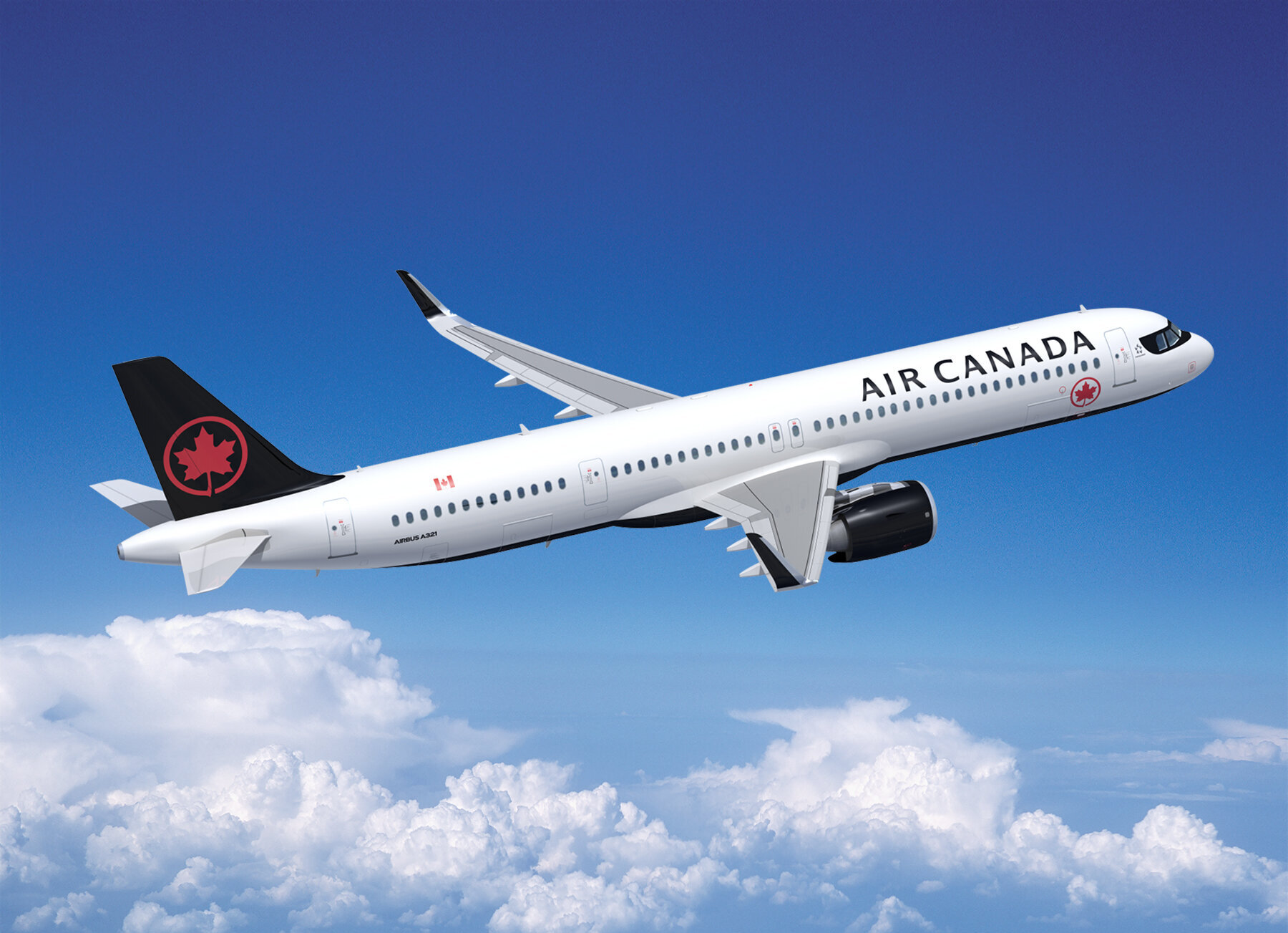A rendering of the Air Canada Airbus A321XLR plane in front of a blue sky with clouds.