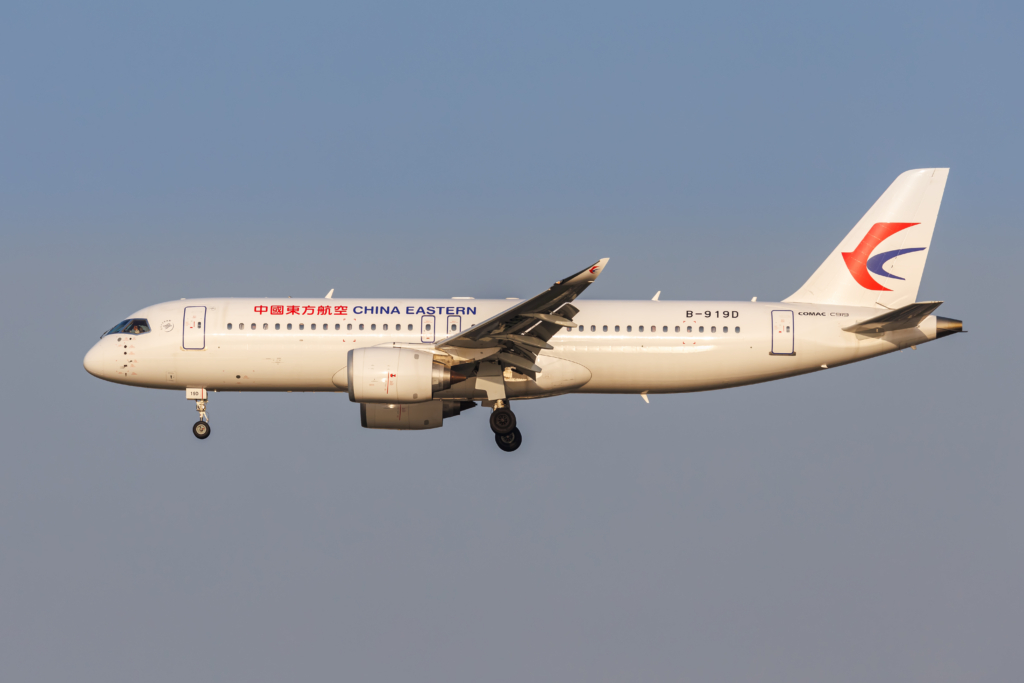 Shanghai, China - April 9, 2024: First aircraft developed entirely in China COMAC C919 of China Eastern at Hongqiao Airport in Shanghai, China.