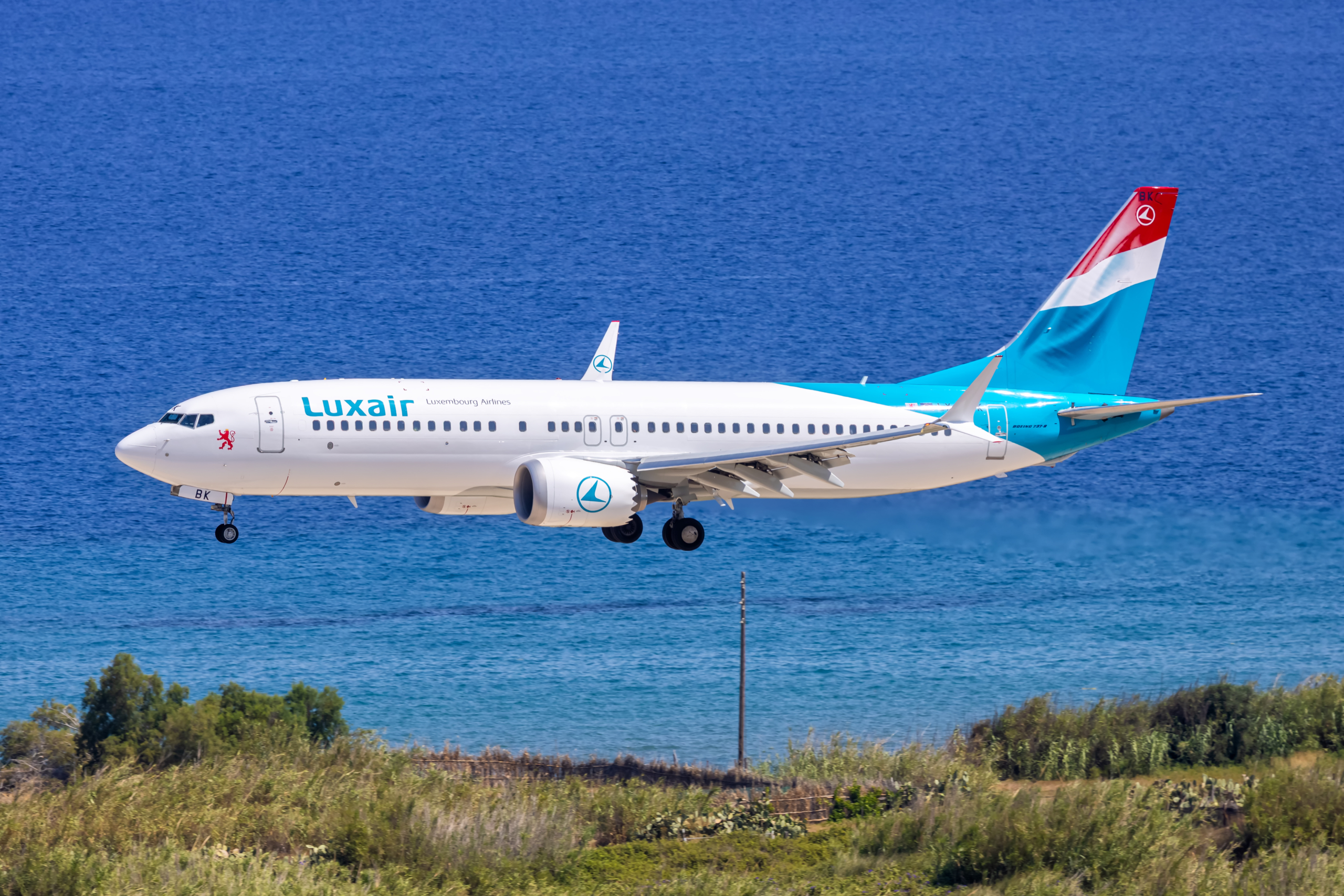 Luxair Boeing 737 MAX 8 airplane at Rhodes airport in Greece.