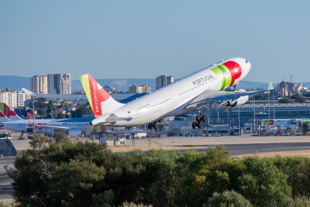 TAP aircraft taking off at Humberto Delgado Airport, Lisbon