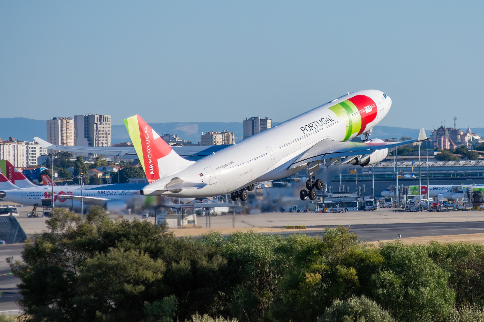 TAP aircraft taking off at Humberto Delgado Airport, Lisbon