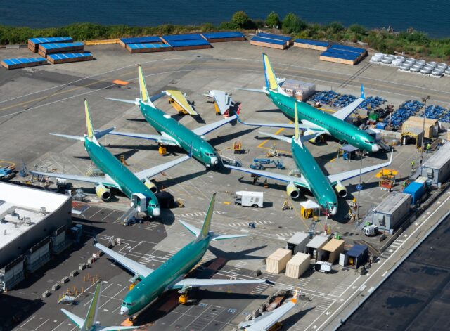 Aerial view of multiple Boeing 737 MAX and NG parked outside the company factory at Renton Airport. Aircraft model grounded due to two accidents.