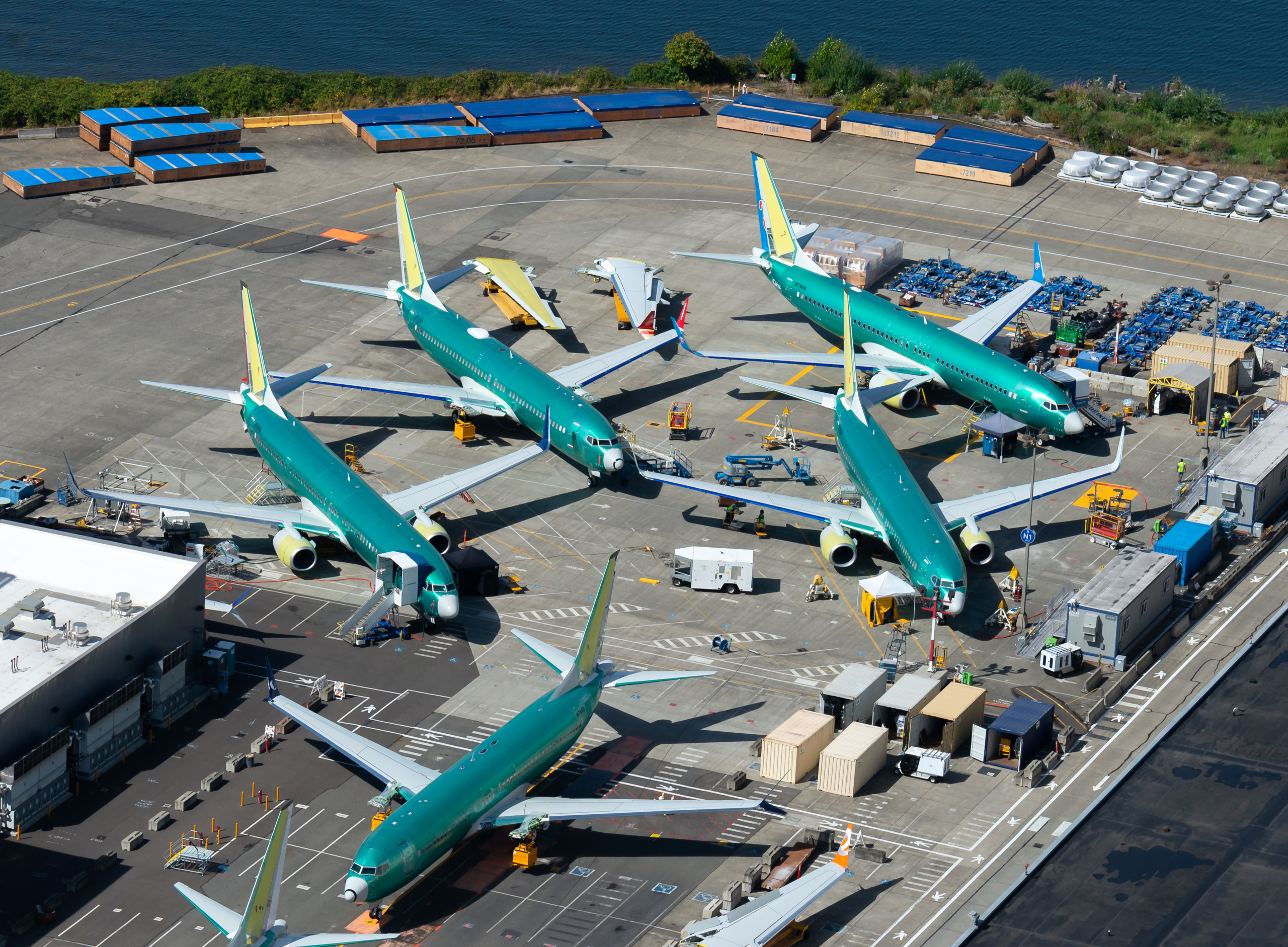 Aerial view of multiple Boeing 737 MAX and NG parked outside the company factory at Renton Airport. Aircraft model grounded due to two accidents.